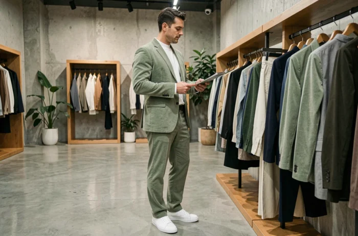 Homme en costume en velours côtelé vert sauge dans un concept store moderne au design épuré et industriel