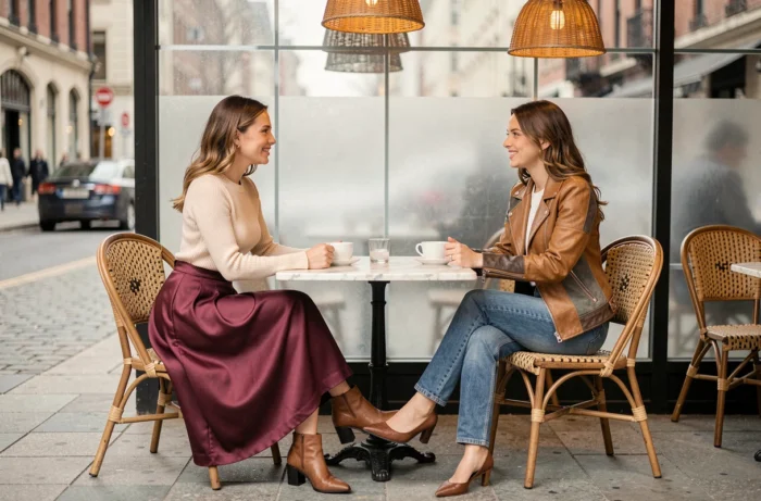 Deux femmes élégamment habillées aux styles contrastés attablées à une terrasse de café parisien chic en automne