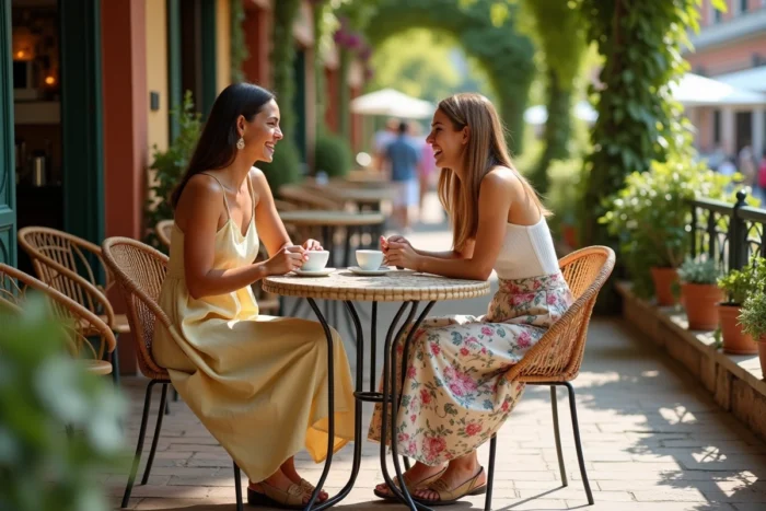 Deux femmes élégamment vêtues riant autour d'un espresso en terrasse de café européen, robe en lin jaune et jupe fleurie midi, tendances mode été