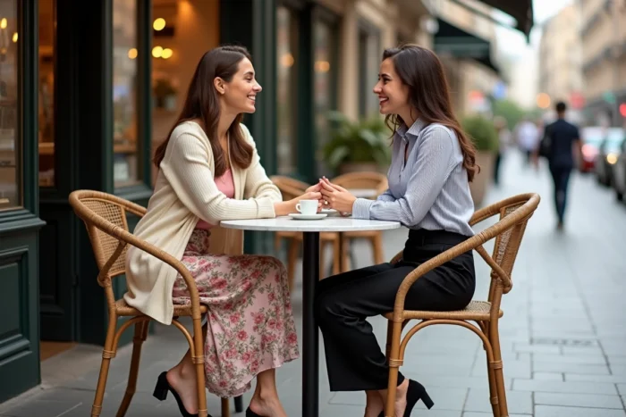 Deux femmes aux tenues tendance assises à une terrasse de café parisien, superposition de pièces mode incluant jupe midi florale et blouse transparente rayée