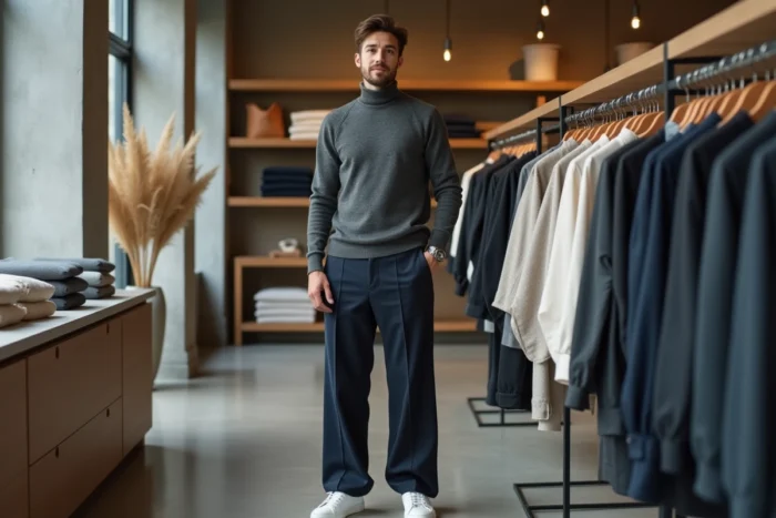 Homme en col roulé côtelé gris et pantalon large marine à fines rayures dans un concept store contemporain aux murs en béton, tendances mode masculine