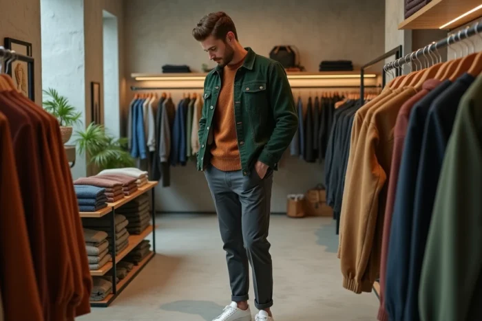 Homme stylé en veste en velours côtelé vert et pull rouille explorant un concept store minimaliste, mode masculine tendance saison