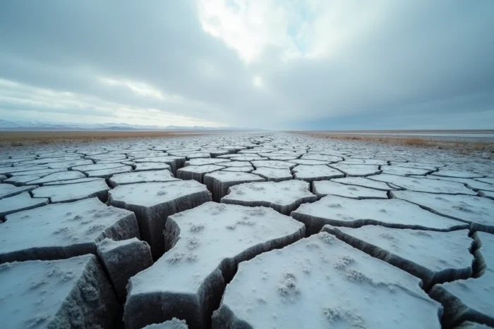 Paysage de toundra gelée avec pergélisol fissuré et ossements préhistoriques enfouis illustrant l'extinction des mammouths