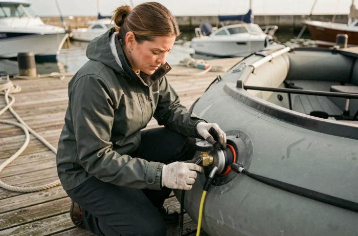 Femme vérifiant la valve d'un kayak gonflable de pêche sur un ponton de marina côtière