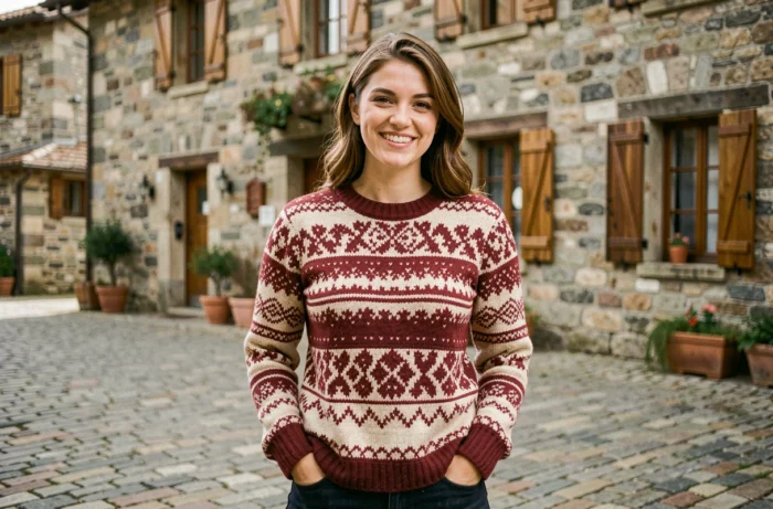 Femme portant un pull en laine Adishatz aux motifs basques traditionnels dans un village pyrénéen en pierre
