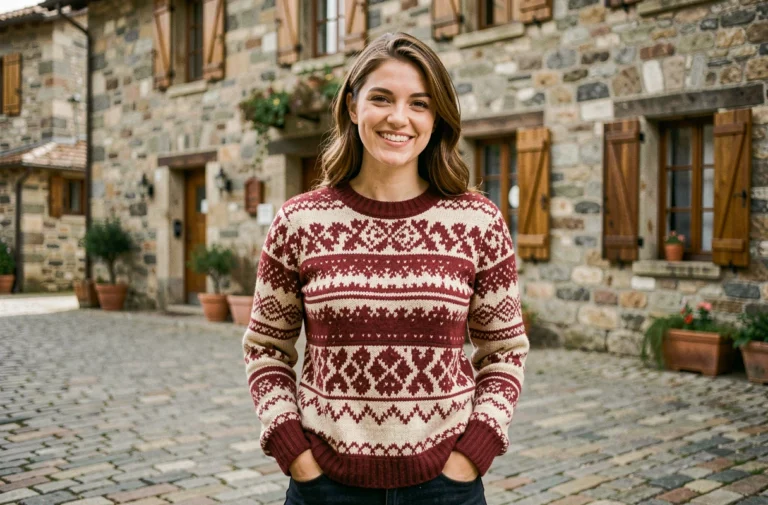 Femme portant un pull en laine Adishatz aux motifs basques traditionnels dans un village pyrénéen en pierre