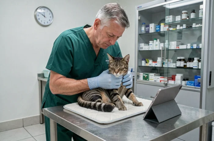 Vétérinaire masculin examinant un chat tigré sur une table de consultation avec une tablette numérique