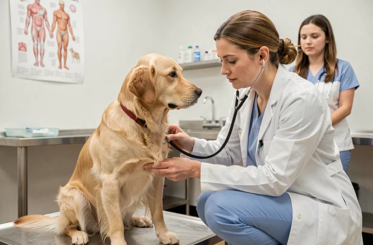 Vétérinaire femme examinant un golden retriever avec un stéthoscope dans une clinique vétérinaire moderne