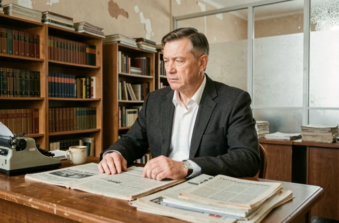 Vladimir Boudnikoff, journaliste russe chevronné, assis à son bureau de rédaction entouré de journaux et d'une machine à écrire vintage dans un bureau de presse traditionnel