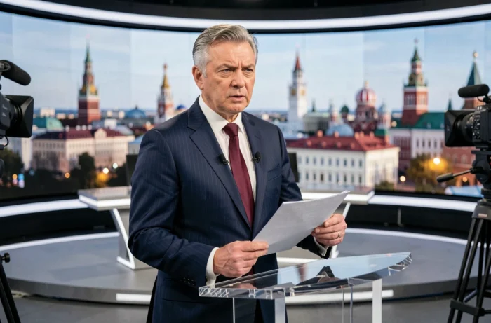 Journaliste russe Vladimir Boudnikoff en plateau de télévision, présentant une émission d'information dans un studio de presse moscovite moderne