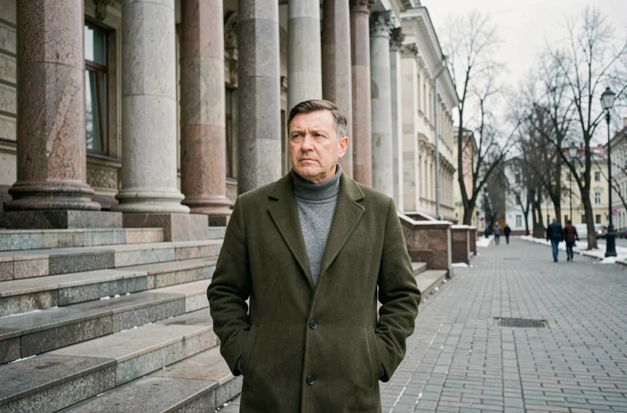 Portrait de Vladimir Boudnikoff devant un bâtiment néoclassique de Moscou, évoquant son parcours dans le paysage médiatique russe en hiver