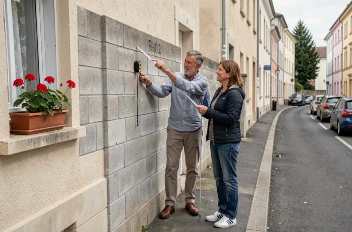 Deux voisins mesurant une clôture trop haute non conforme aux règles du PLU en limite de propriété