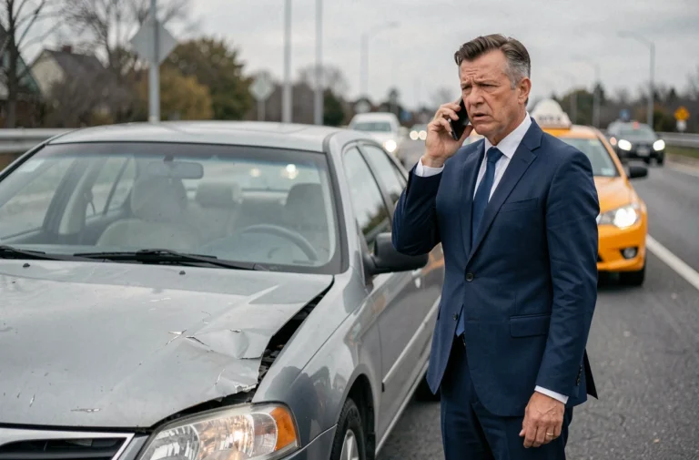 Homme en costume dépité téléphonant à côté de sa voiture en panne sur le bord de la route avec un taxi jaune en attente derrière lui
