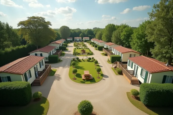Vue d'ensemble d'un parc résidentiel de loisirs en Vendée avec parcelles mobil-home aménagées et espaces communs verdoyants