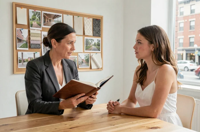 Wedding planner professionnelle discutant des détails de l'organisation d'un mariage avec une future mariée dans un studio moderne