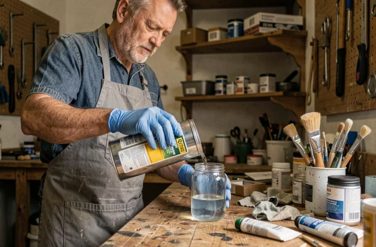 Homme portant des gants de protection versant du white spirit dans un atelier de bricolage avec des outils et pinceaux sur un établi en bois